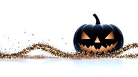 Spooky black halloween pumpkin with glowing carved face on golden glitter wave background against white, seasonal holiday decoration for october festive.