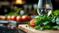 Fresh basil leaves and cherry tomato on wooden cutting board with wine glass and dark background, selective focus on herbs. Food preparation scene.