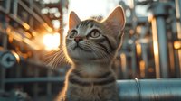 Curious tabby kitten looking up during golden hour sunset, backlit with warm sunlight creating magical atmosphere against industrial background.