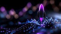 Futuristic rocket launch with glowing purple trail and digital particle effects on dark background for technology and space exploration concepts.