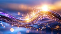 Magical glowing wave with sparkles and light effects on dark background, abstract flowing energy in purple and golden colors creates dreamy atmosphere.