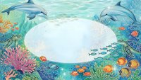 Underwater ocean scene with dolphins, sea turtle, tropical fish and coral reef surrounding white oval copy space for text or design elements.