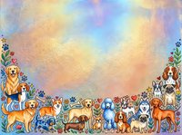 Colorful group of various dog breeds standing together with paw prints and hearts, set against a soft pastel gradient sky background. Suitable for pet-related designs, greeting cards, and animal lovers' projects.