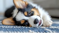 Adorable tricolor Pembroke Welsh Corgi puppy lying on blue carpet with head tilted, displaying characteristic facial markings and expressive blue eyes. Perfect for pet care themes.
