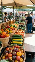 Farmers market produce stand with fresh vegetables in wooden baskets under shade canopies, shoppers browsing seasonal crops for cooking and meal preparation.