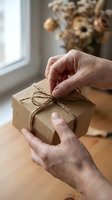 Hands holding kraft paper gift box tied with twine string, wrapped present on wooden table with dried flowers in background, suitable for holiday gifting, packaging design, and seasonal commerce projects.