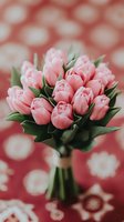 Fresh pink tulip bouquet tied with twine against blurred red floral background. Romantic spring flowers for wedding, Valentine's Day or special occasion celebration.