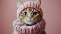 Adorable orange tabby kitten wearing pink knitted hat and scarf on pastel background for cozy winter pet fashion and holiday greeting cards.