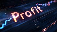 Glowing profit text with rising stock market chart line in neon pink and blue colors on dark background, modern financial data visualization concept.