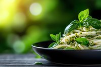 Fresh pasta with pesto sauce garnished with basil leaves in black ceramic bowl on rustic wooden table. Soft natural lighting and bokeh background.