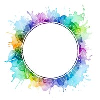 Vibrant watercolor splash frame with tropical leaves and paint splatters in rainbow colors surrounding white circular space for text or design elements.