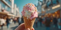 Colorful ice cream cone with pink and white scoops topped with rainbow sprinkles held against blurred carnival background for summer dessert concepts.