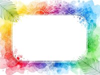 Tropical watercolor frame with rainbow gradient colors, palm leaves and decorative border on white background for summer design projects.