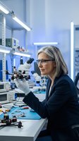 Senior female engineer with gray hair and glasses examining drone circuit board in modern laboratory with blue lighting and equipment. Electronics research and development.