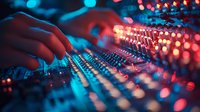 Sound engineer adjusts audio mixer controls in nightclub with vibrant red and blue lighting, creating atmospheric entertainment environment for music production.