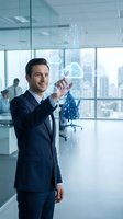 Professional businessman touching holographic cloud computing interface in modern office environment with digital technology overlay.
