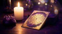 Mystical tarot card with ornate golden mandala design beside glowing candle and amethyst crystal creating atmospheric fortune telling scene with bokeh lights.