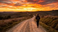 Rear view of a woman with long brown hair wearing a black jacket jogging on a rural dirt road through rolling hills during golden hour sunset, surrounded by dry grassland and winding paths for travel and wellness concepts.