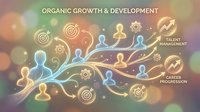 Organic growth and development concept with human figures connected by flowing lines, gears and target icons on warm bokeh background for business presentations.