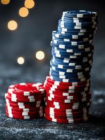 Stack of blue and red poker chips against dark background with soft bokeh lights, representing gambling, casino games, and risk-taking in entertainment.