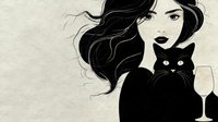 Elegant woman with flowing dark hair holding black cat and wine glass on beige textured background, minimalist line art style.