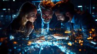 Business team analyzing glowing digital network visualization on dark table with city lights, futuristic technology concept for strategic planning.