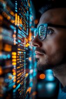 Young male programmer in glasses studying digital code on virtual screen with blue and orange data visualization reflection.