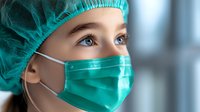 Female medical professional wearing protective surgical mask and cap with intense blue eyes in hospital setting, close-up portrait with soft focus background.