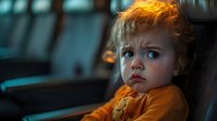 Toddler with reddish-blonde curly hair wearing orange shirt sitting in vehicle interior with warm golden light, looking thoughtful or concerned, suitable for family, transportation, and lifestyle content.