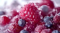 Fresh ripe raspberries and blueberries covered in water drops and morning dew, macro shot showing juicy texture and natural freshness of mixed berries.