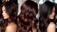 Professional hair color transformation showcasing rich chocolate brown, warm auburn, and deep espresso tones on wavy hairstyles for salon inspiration.
