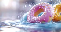 Colorful glazed donuts splashing in crystal clear water with droplets and sprinkles creating dynamic motion effect against soft blurred background.
