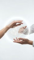 Two hands holding a glowing holographic architectural wireframe model against white background, representing real estate technology, property development, and digital innovation for design projects.