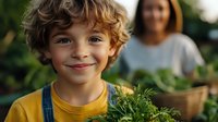 Young boy in yellow t-shirt and denim overalls smiling in garden while helping with fresh herbs harvest, mother figure blurred in background gathering vegetables.
