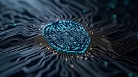 Glowing digital fingerprint on circuit board pattern with blue neon light effect, representing biometric security and personal data protection technology.
