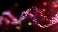 Glowing red digital wave with binary code pattern flowing on dark background with bokeh lights, representing data stream and technology advancement.