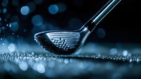 Golf club driver hitting ball with dramatic blue lighting and bokeh effects creating dynamic sports action scene for athletic marketing materials.