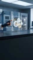 Engineer in dark glove touching holographic gear interface on transparent screen in modern industrial laboratory setting with equipment and overhead lighting.