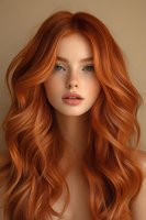 Young woman with vibrant copper hair, freckles, and blue eyes against neutral background. Perfect for beauty, haircare, or cosmetic advertising.