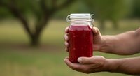 Hands holding glass jar filled with homemade red fruit jam or preserve against blurred garden background, showcasing organic food production and artisanal preserves for culinary use.