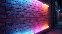 Neon lights illuminate brick wall creating vibrant purple and blue gradient glow in urban nighttime setting for modern design projects.