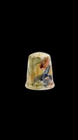 Ceramic sewing thimble with colorful abstract painted pattern, isolated on transparent background, ready for clipart, stickers, print on demand, and T-shirt design use.
