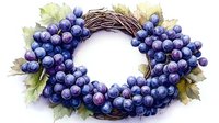 Decorative wreath made with purple grape clusters and green leaves on grapevine base, isolated on white background for seasonal home decor and harvest celebrations.