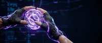 Futuristic hands holding glowing purple holographic brain with digital neural networks and data streams in cyberpunk technology environment.