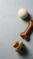 Dog toys collection with leather bone, wool ball and wooden puzzle on gray surface for pet care and entertainment concepts.
