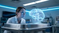 Female scientist in white lab coat examining holographic brain projection in modern laboratory for medical research and neuroscience technology applications.