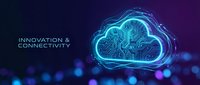 Digital cloud computing technology with circuit board patterns on dark blue purple gradient background for business presentations.
