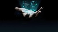 Businessman hand presenting holographic digital interface with security icons and data visualization on dark background for technology presentations.