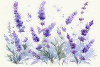 Delicate watercolor lavender flowers with soft purple petals and sage green leaves create a romantic botanical composition against light background. Suitable for wall art.