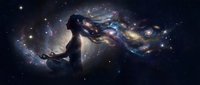 Woman silhouette with flowing cosmic hair filled with stars and galaxies against deep space background for fantasy art and spiritual designs.